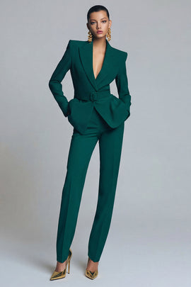 Dark Green 2 Piece Peak Lapel Slim Fit Prom Suits with Belt