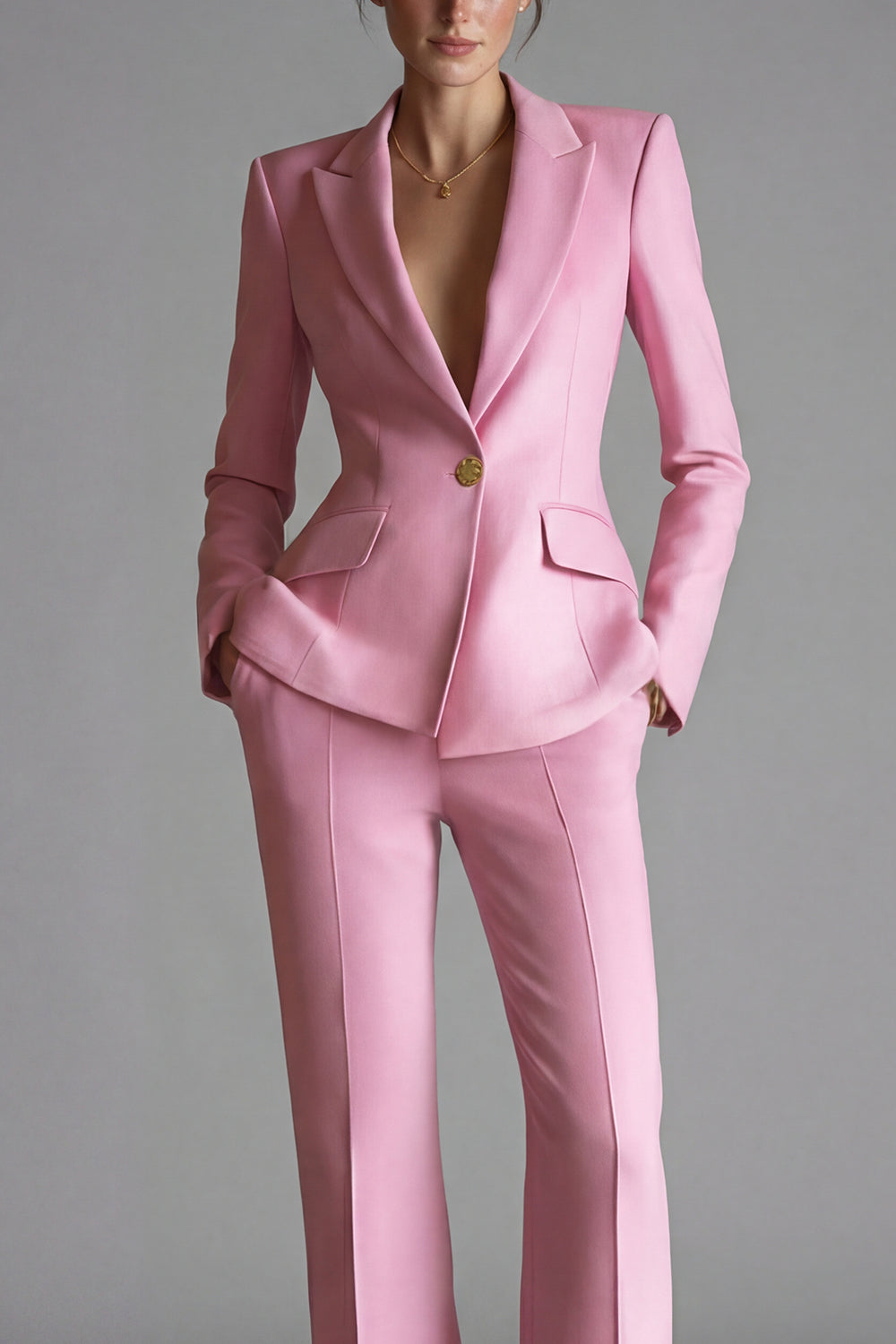 Pink 2 Piece One Button Slim Fit Peak Lapel Prom Suits with Pockets