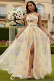 Floral Yellow A-Line Spaghetti Straps Long Prom Dress with Slit