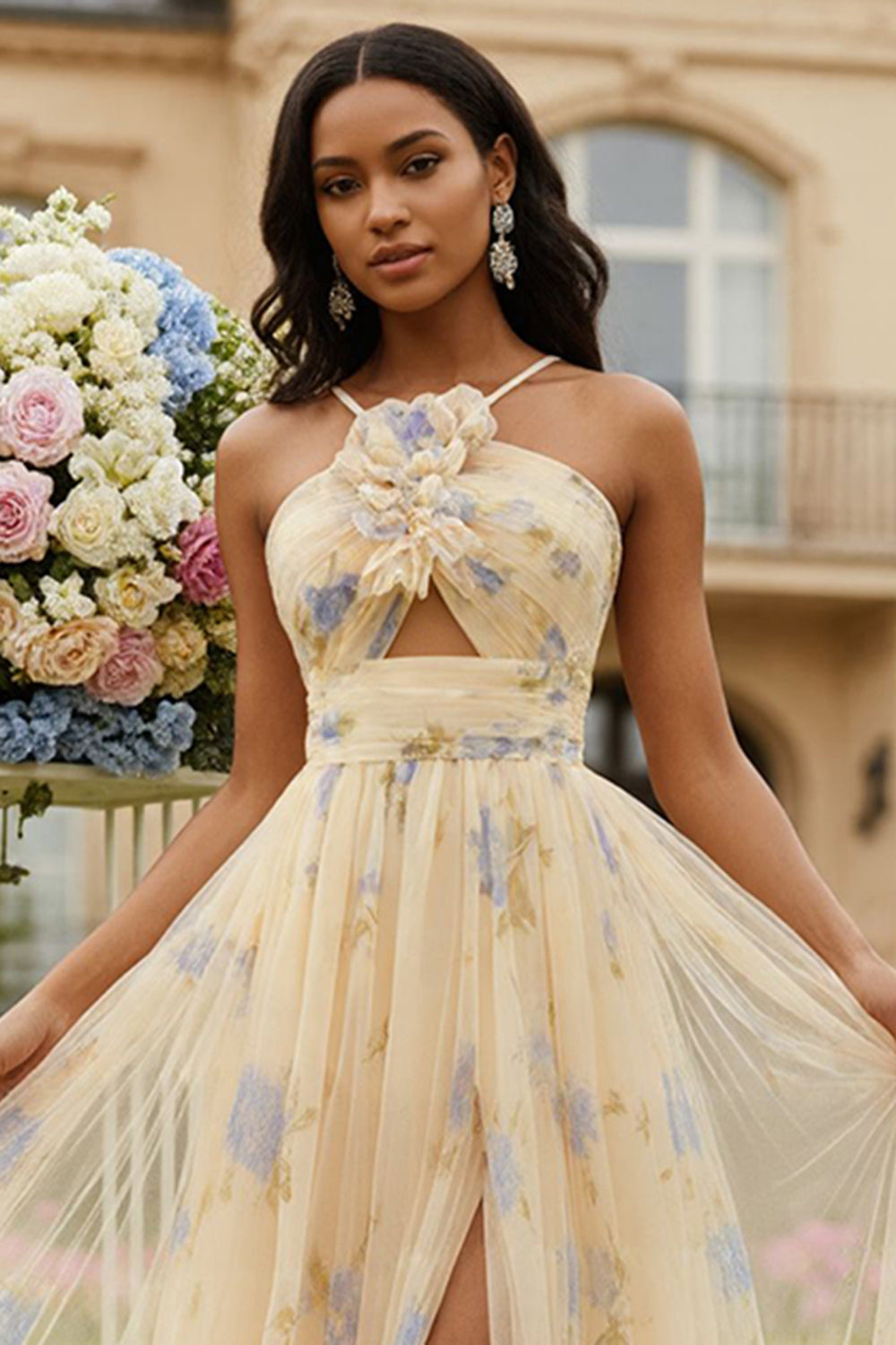 Floral Yellow A-Line Spaghetti Straps Long Prom Dress with Slit