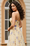 Floral Yellow A-Line Spaghetti Straps Long Prom Dress with Slit