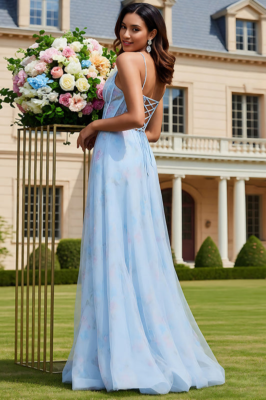 Floral Light Blue A-Line Tulle Long Corset Prom Dress with Slit