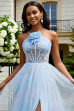 Floral Light Blue A-Line Tulle Long Corset Prom Dress with Slit
