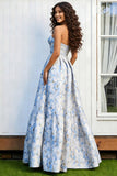 Floral Light Blue A-Line Jacquard Strapless Long Prom Dress