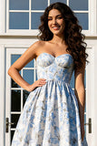 Floral Light Blue A-Line Jacquard Strapless Long Prom Dress