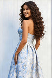 Floral Light Blue A-Line Jacquard Strapless Long Prom Dress