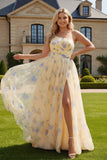 Floral Yellow Plus Size A-Line One Shoulder Long Prom Dress with Slit