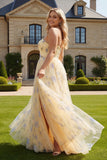 Floral Yellow Plus Size A-Line One Shoulder Long Prom Dress with Slit