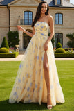 Floral Yellow A-Line One Shoulder Long Prom Dress with Slit