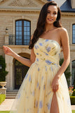 Floral Yellow A-Line One Shoulder Long Prom Dress with Slit