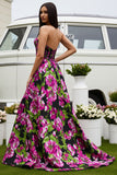 Floral Black A-Line Satin Strapless Long Prom Dress