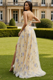 Floral Yellow A-Line Spaghetti Straps Long Prom Dress