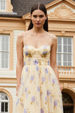 Floral Yellow A-Line Spaghetti Straps Long Prom Dress