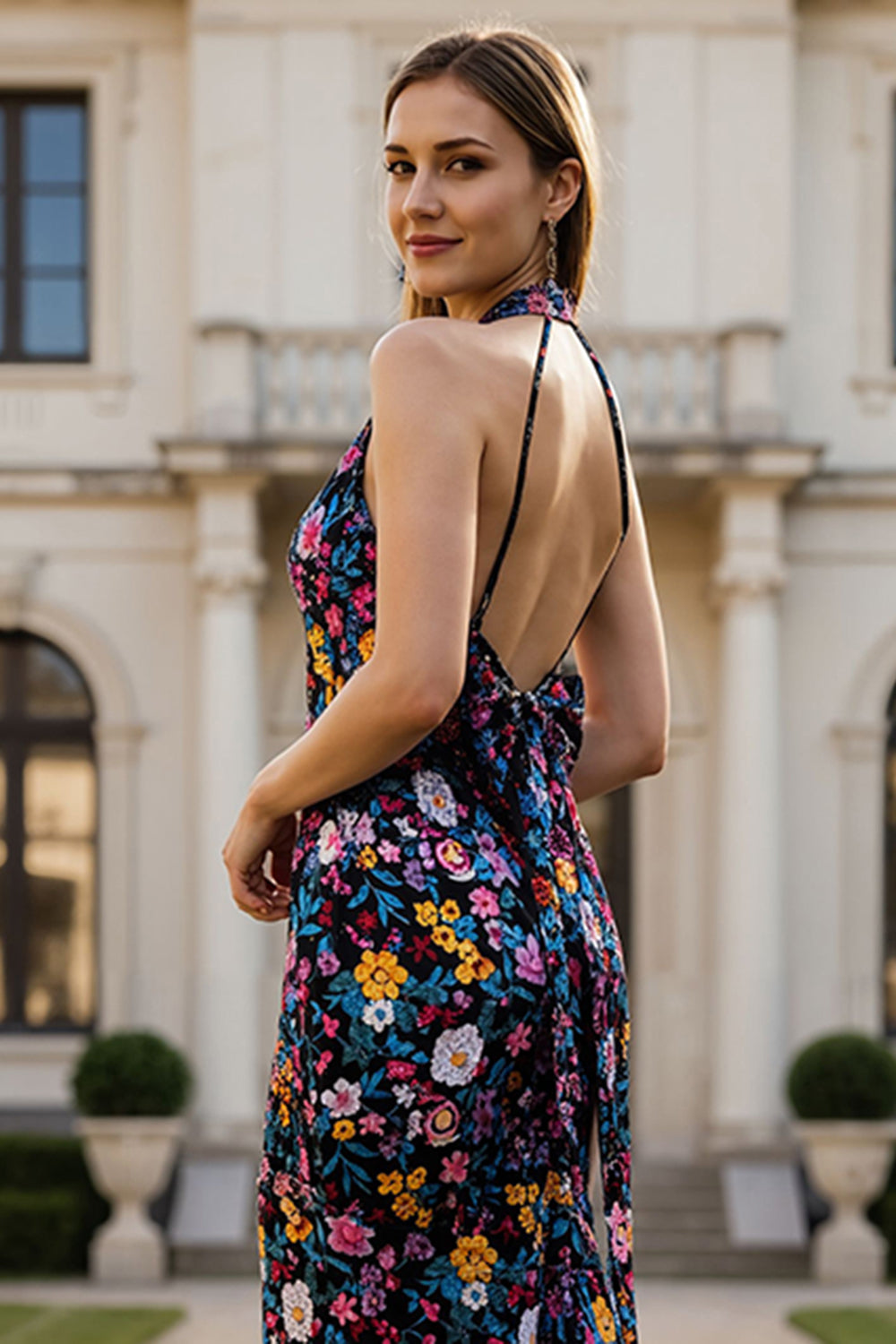 Floral Black Mermaid Halter Neck Backless Long Prom Dress with Bow