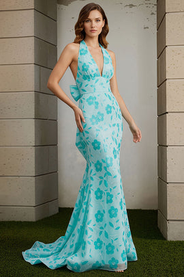 Floral Green Mermaid Halter Neck Long Prom Dress with Bow