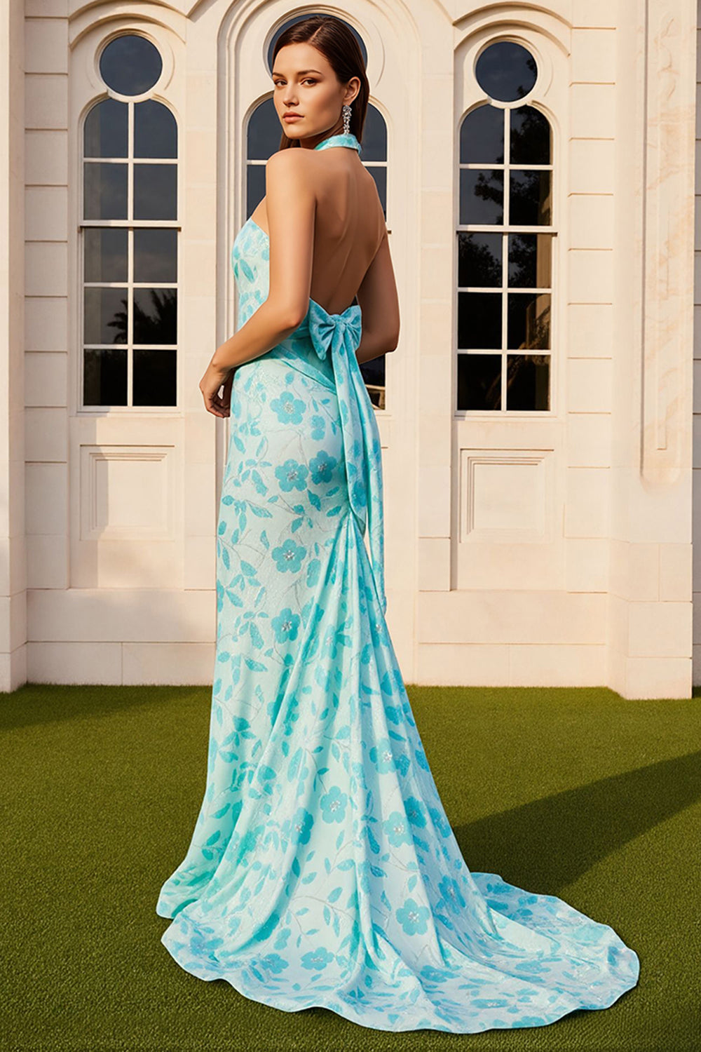 Floral Green Mermaid Halter Neck Long Prom Dress with Bow