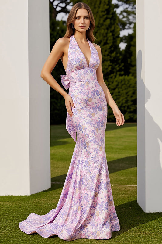Floral Lilac Mermaid Halter Neck Backless Long Prom Dress with Bow