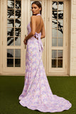 Floral Lilac Mermaid Halter Neck Backless Long Prom Dress with Bow