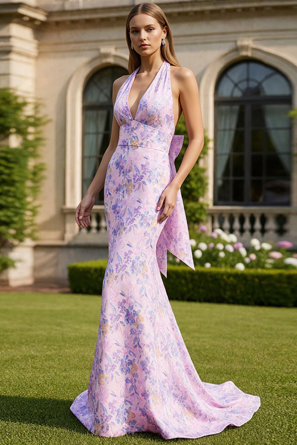Floral Lilac Mermaid Halter Neck Backless Long Prom Dress with Bow