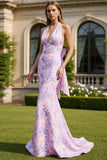 Floral Lilac Mermaid Halter Neck Backless Long Prom Dress with Bow