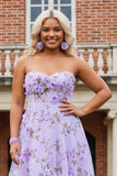 Floral Lilac Plus Size A Line Spaghetti Straps Long Prom Dress with 3D Flowers