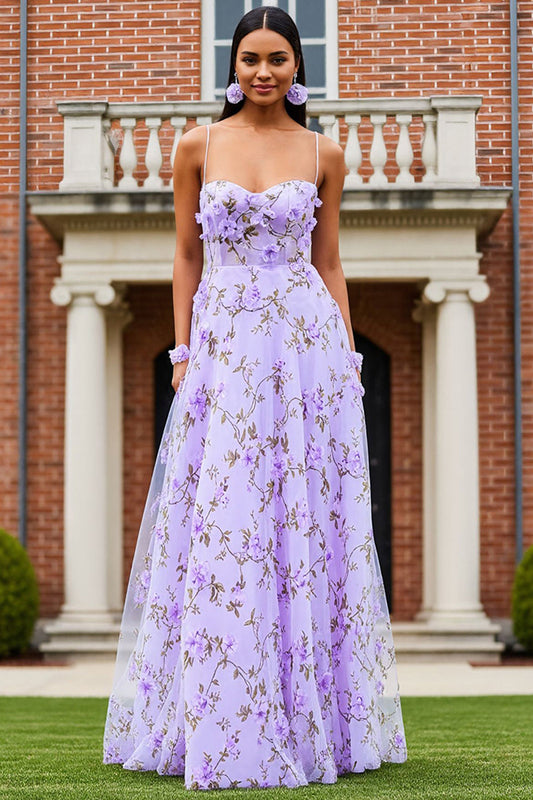 Floral Lilac A Line Spaghetti Straps Long Prom Dress with 3D Flowers
