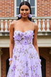Floral Lilac A Line Spaghetti Straps Long Prom Dress with 3D Flowers