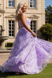 Floral Lilac Plus Size A Line Spaghetti Straps Long Prom Dress with 3D Flowers