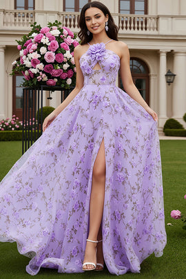 Floral Lilac A Line Keyhole Long Prom Dress with 3D Flower