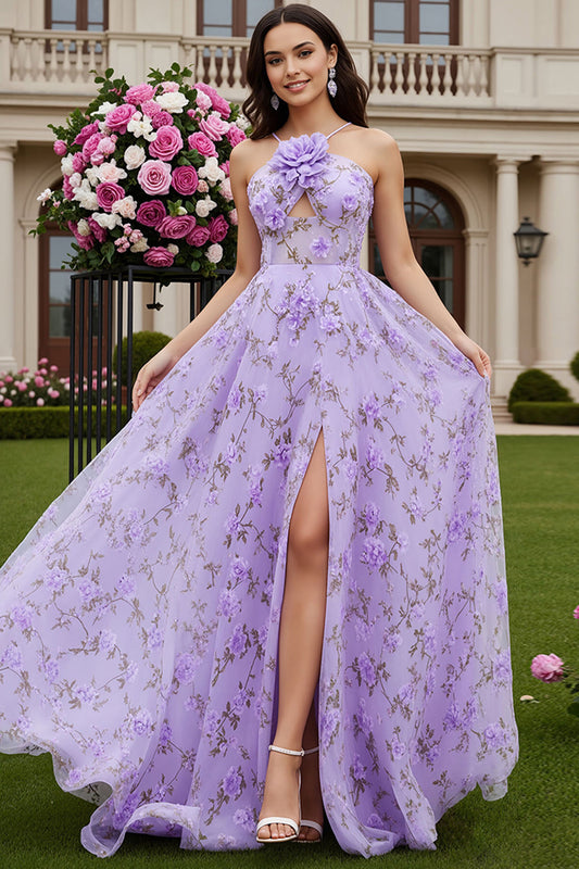 Floral Lilac A Line Keyhole Long Prom Dress with 3D Flower