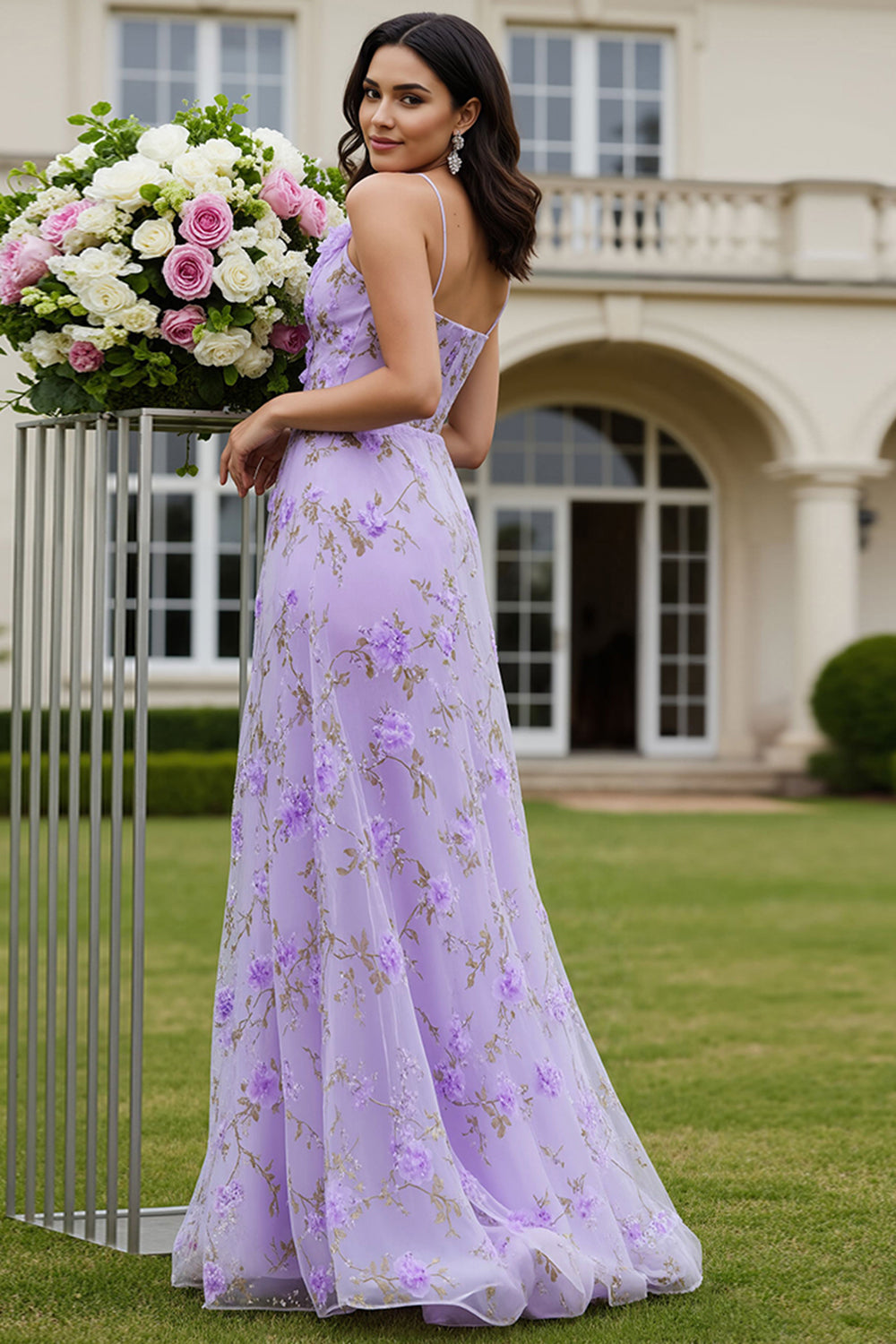 Floral Lilac A Line Keyhole Long Prom Dress with 3D Flower