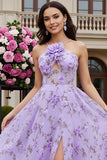 Floral Lilac A Line Keyhole Long Prom Dress with 3D Flower
