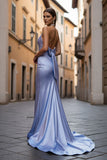Sparkly Light Blue Satin Mermaid Beaded Long Prom Dress with Bow