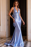 Sparkly Light Blue Satin Mermaid Beaded Long Prom Dress with Bow
