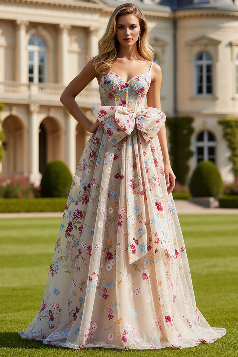 Floral Ivory Spaghetti Straps A Line Long Corset Prom Dress with Bow