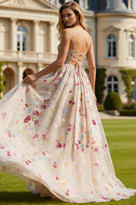 Floral Ivory Spaghetti Straps A Line Long Corset Prom Dress with Bow