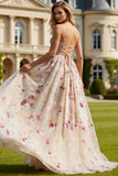Floral Ivory Spaghetti Straps A Line Long Corset Prom Dress with Bow