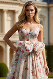 Floral Ivory Spaghetti Straps A Line Long Corset Prom Dress with Bow