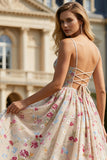 Floral Ivory Spaghetti Straps A Line Long Corset Prom Dress with Bow