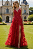 Sparkly Floral Red V-Neck A Line Long Prom Dress with Slit