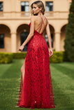 Sparkly Floral Red V-Neck A Line Long Prom Dress with Slit