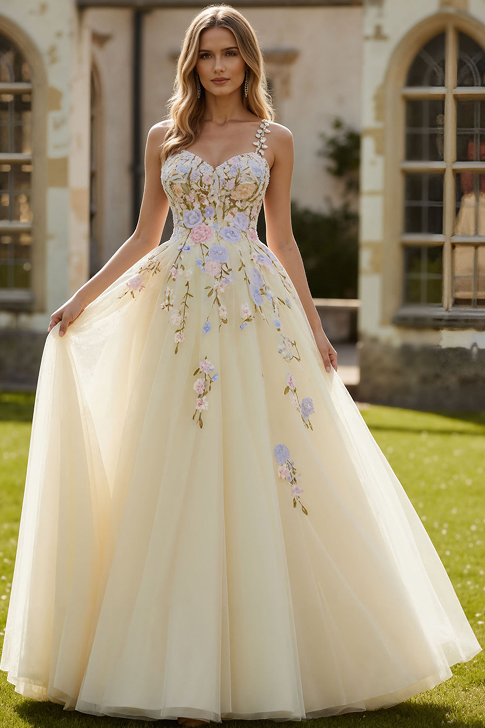 Floral Daffodil A Line Spaghetti Straps Long Corset Prom Dress