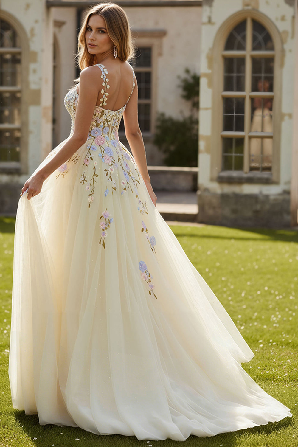 Floral Daffodil A Line Spaghetti Straps Long Corset Prom Dress