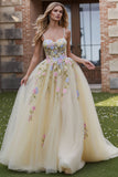 Floral Daffodil A Line Spaghetti Straps Long Corset Prom Dress