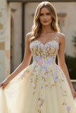 Floral Daffodil A Line Spaghetti Straps Long Corset Prom Dress