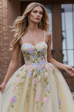 Floral Daffodil A Line Spaghetti Straps Long Corset Prom Dress