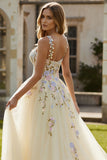 Floral Daffodil A Line Spaghetti Straps Long Corset Prom Dress