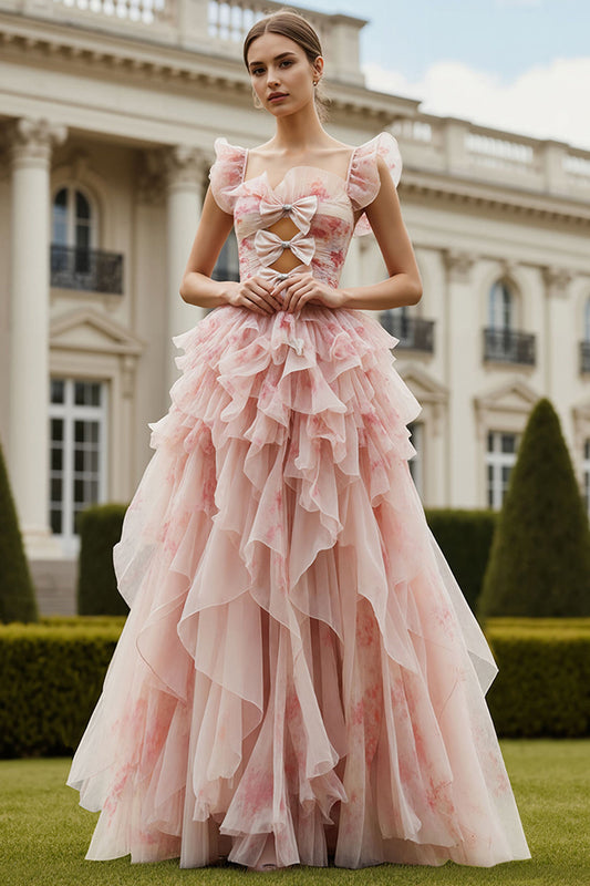 Floral Blush Ruffled Square Neck A Line Long Prom Dress with Keyhole