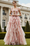 Floral Blush Ruffled Square Neck A Line Long Prom Dress with Keyhole