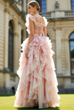 Floral Blush Ruffled Square Neck A Line Long Prom Dress with Keyhole